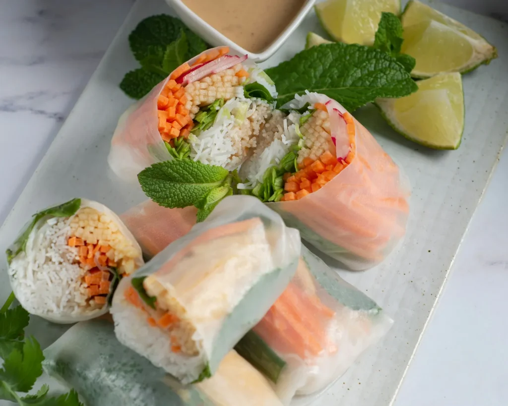 Fresh rice paper rolls with mint and lime