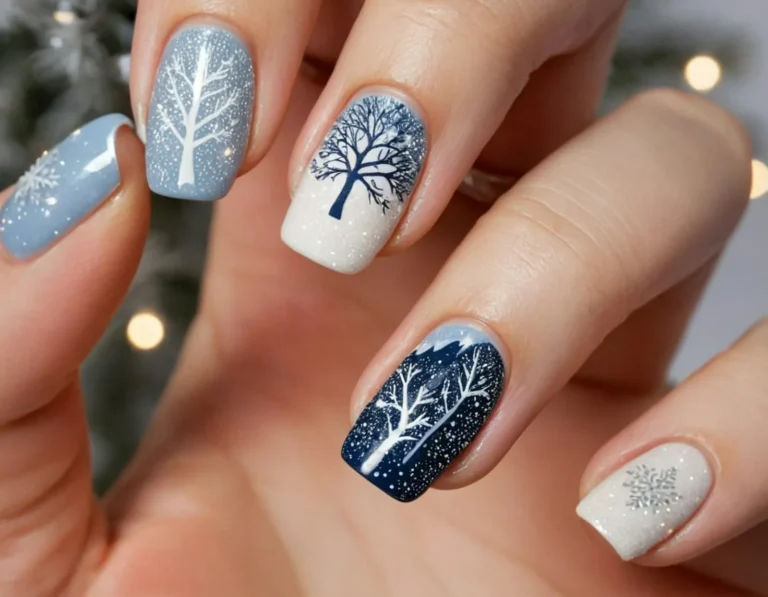 Hand-painted winter tree nail art