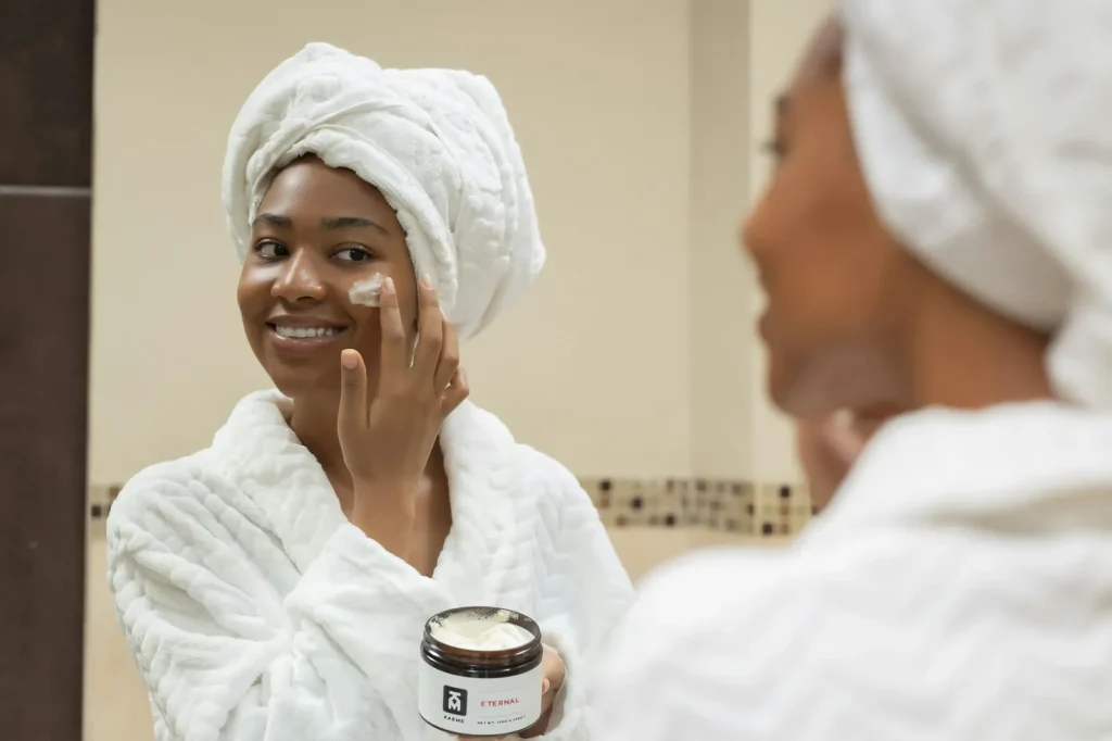 Morning skin care in the mirror
