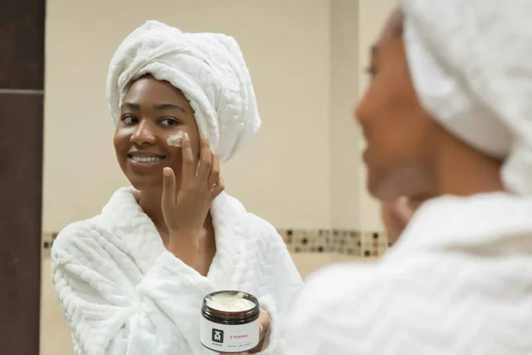 Morning skin care in the mirror