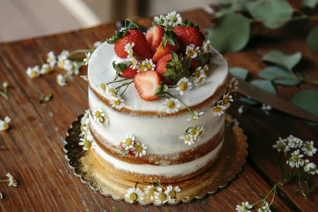 Naked cake with strawberries and daisies