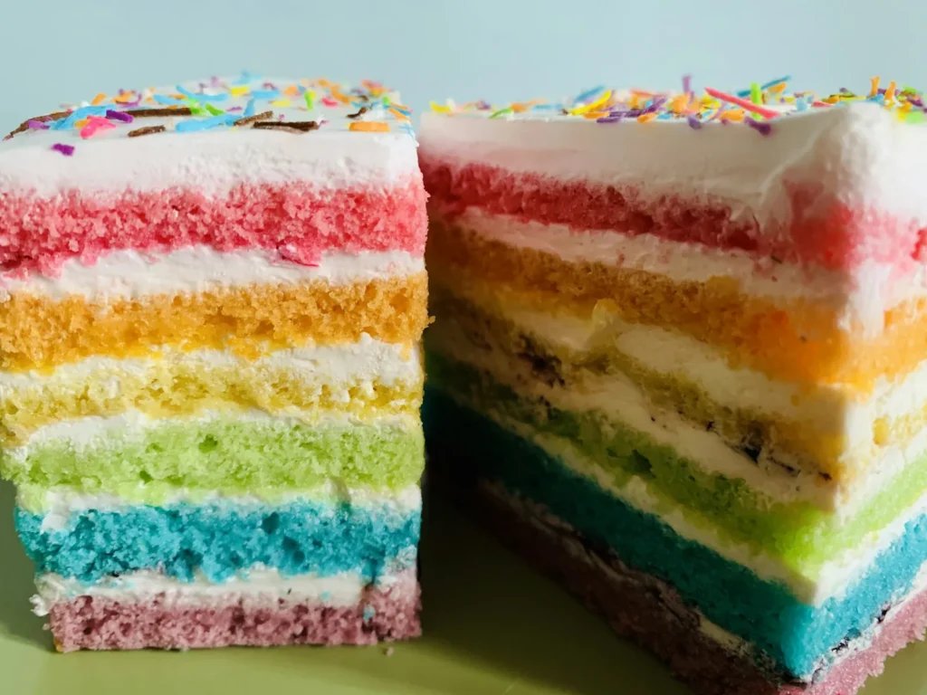 Rainbow layer cake slice