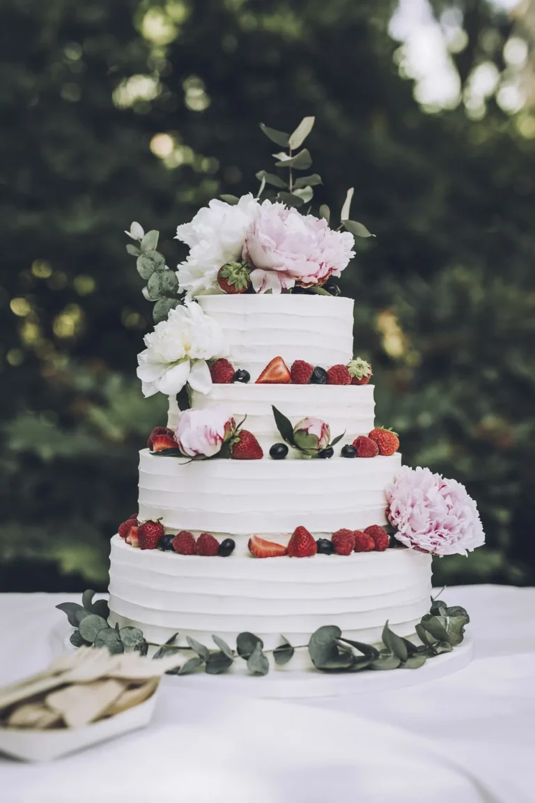 Three-tier wedding cake with berries and peonies