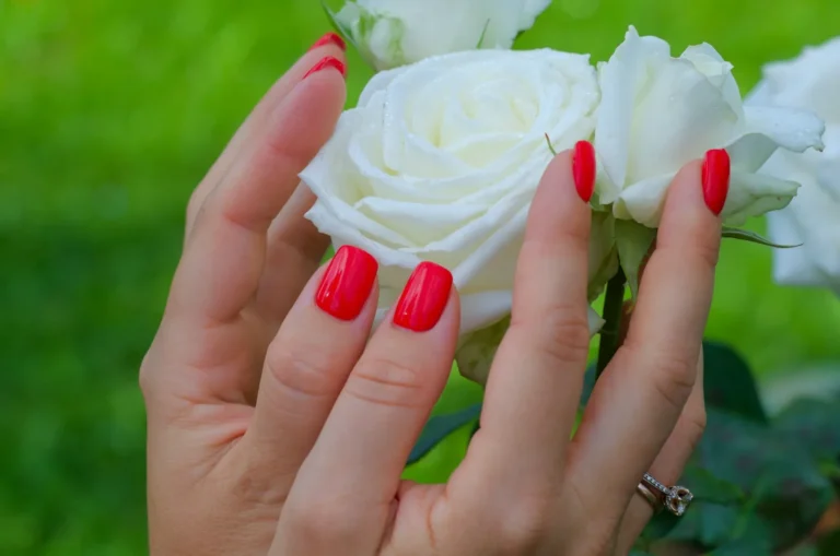 Hands with red nails around white roses