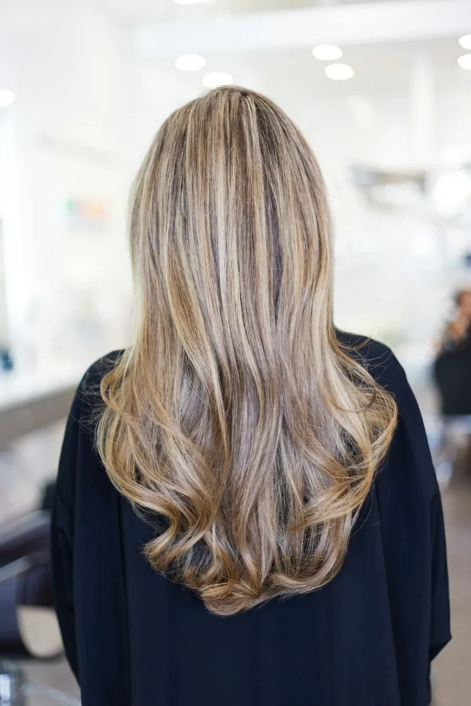 Soft blonde balayage from behind