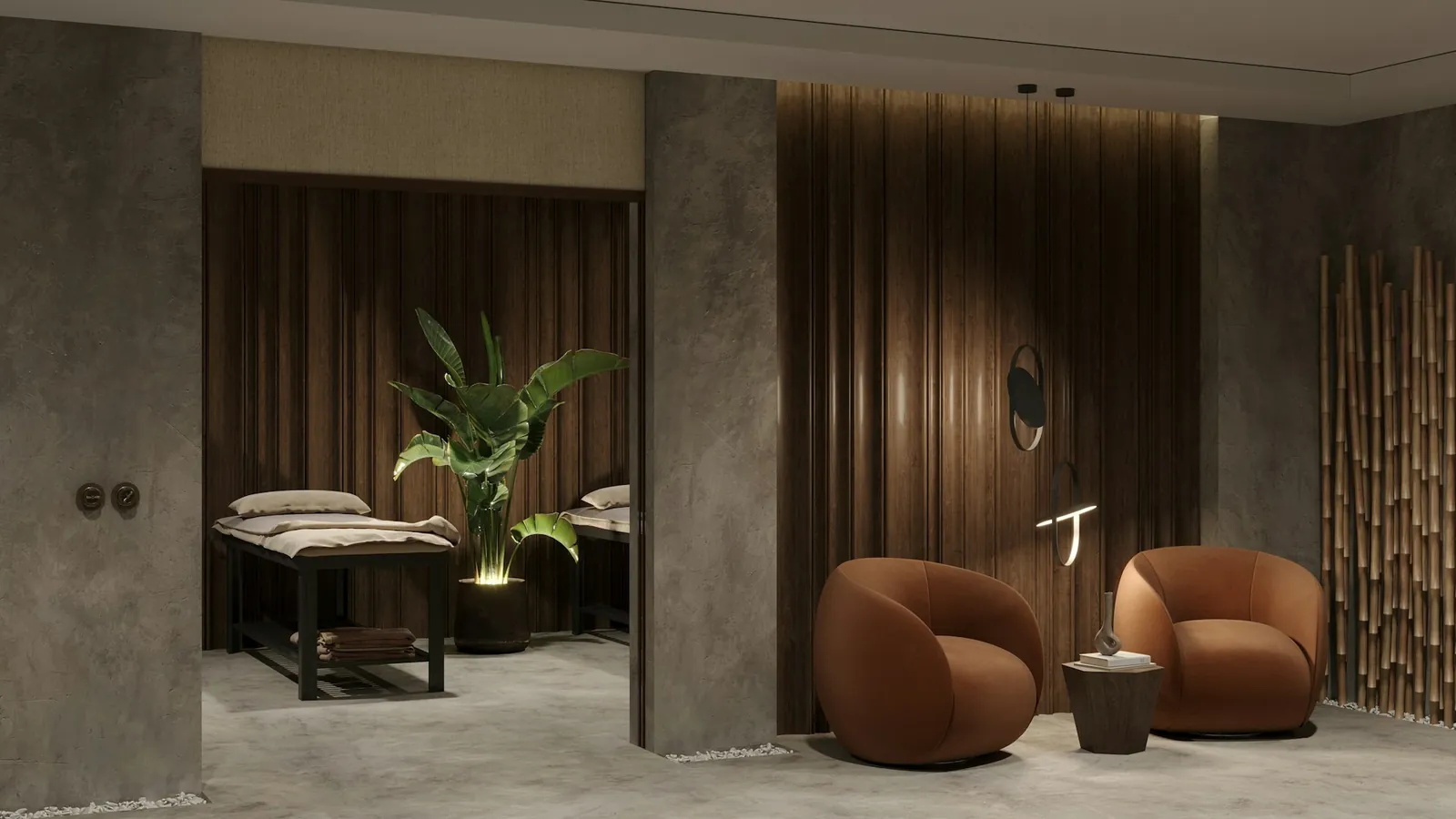 Relaxation lounge with armchairs and plants