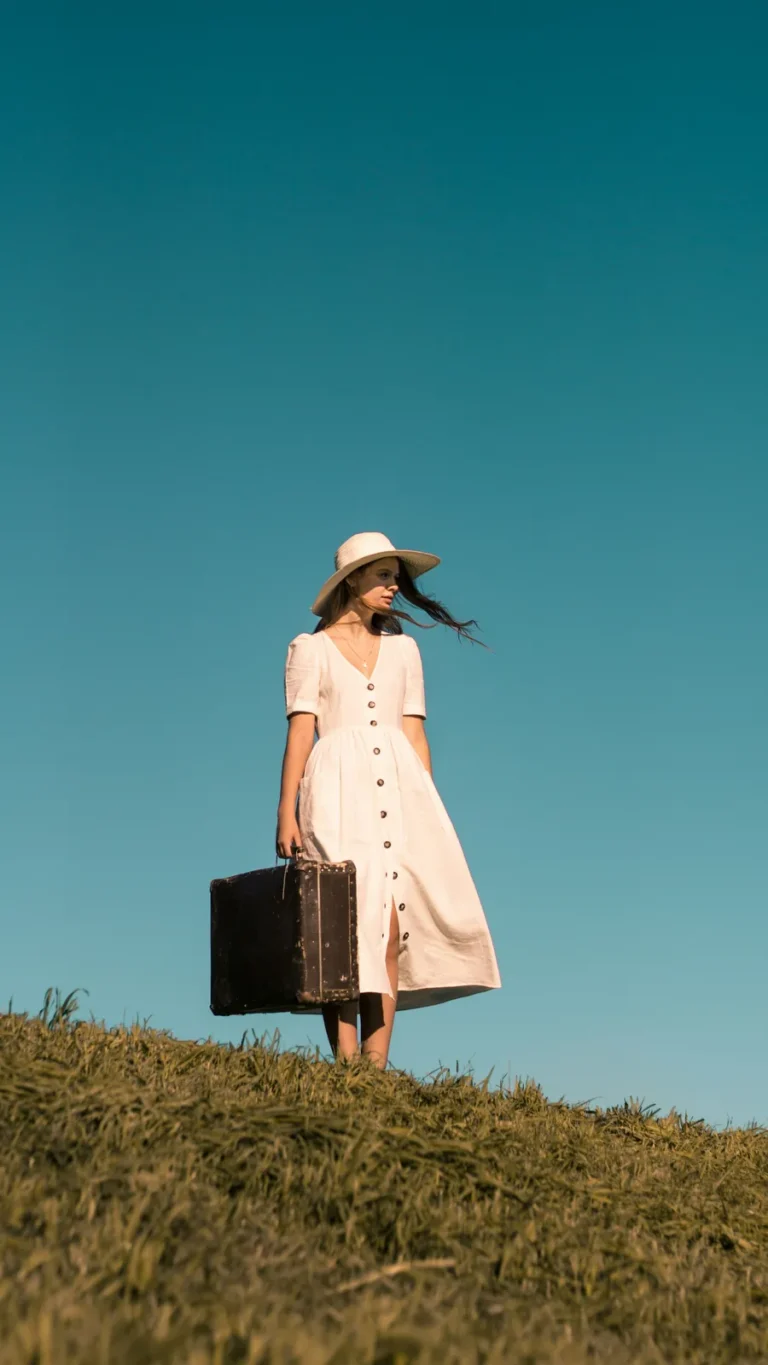 White button dress and straw hat
