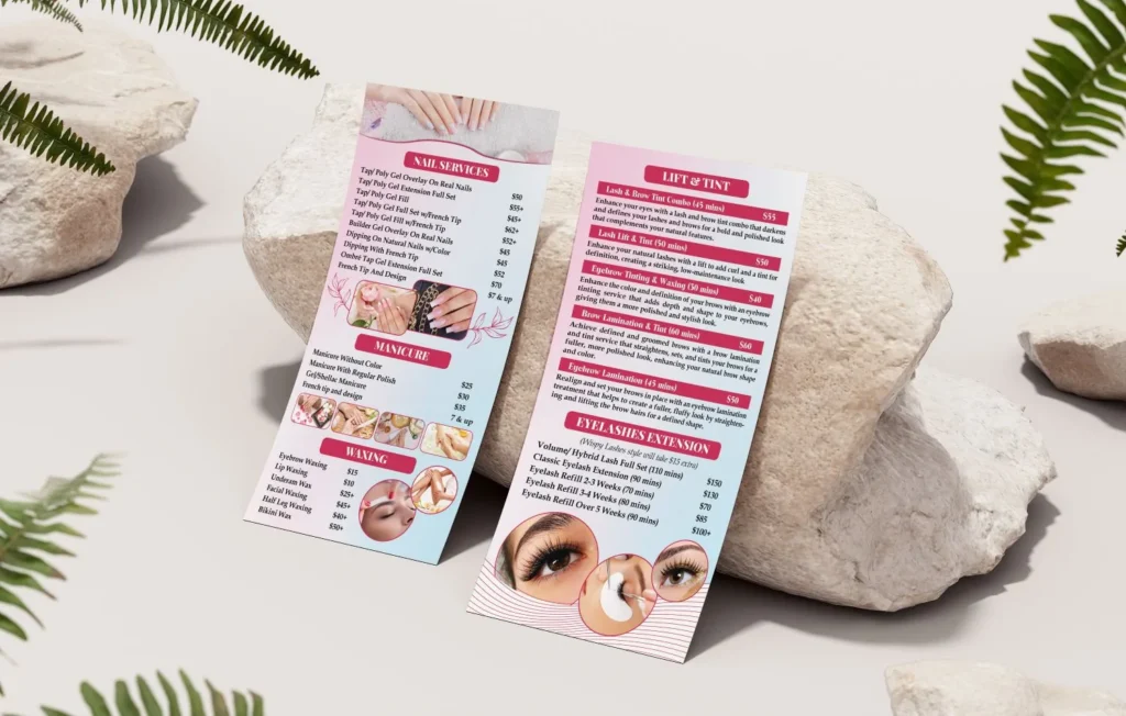 Mẫu menu tiệm nail chia nhóm dịch vụ rõ ràng, Dreamer đã thiết kế và in