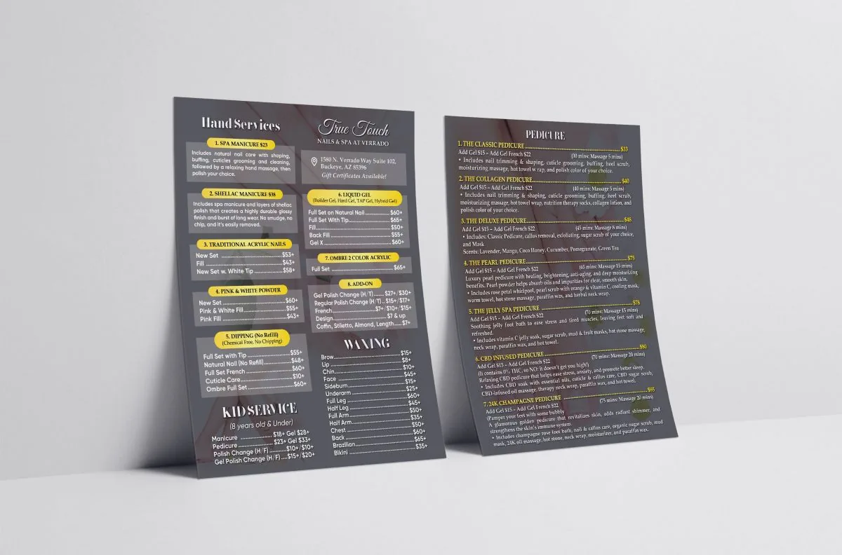 Menu dịch vụ của True Touch Nails Spa
