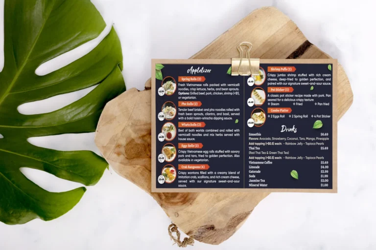 Plastic menu for Whata Pho restaurant