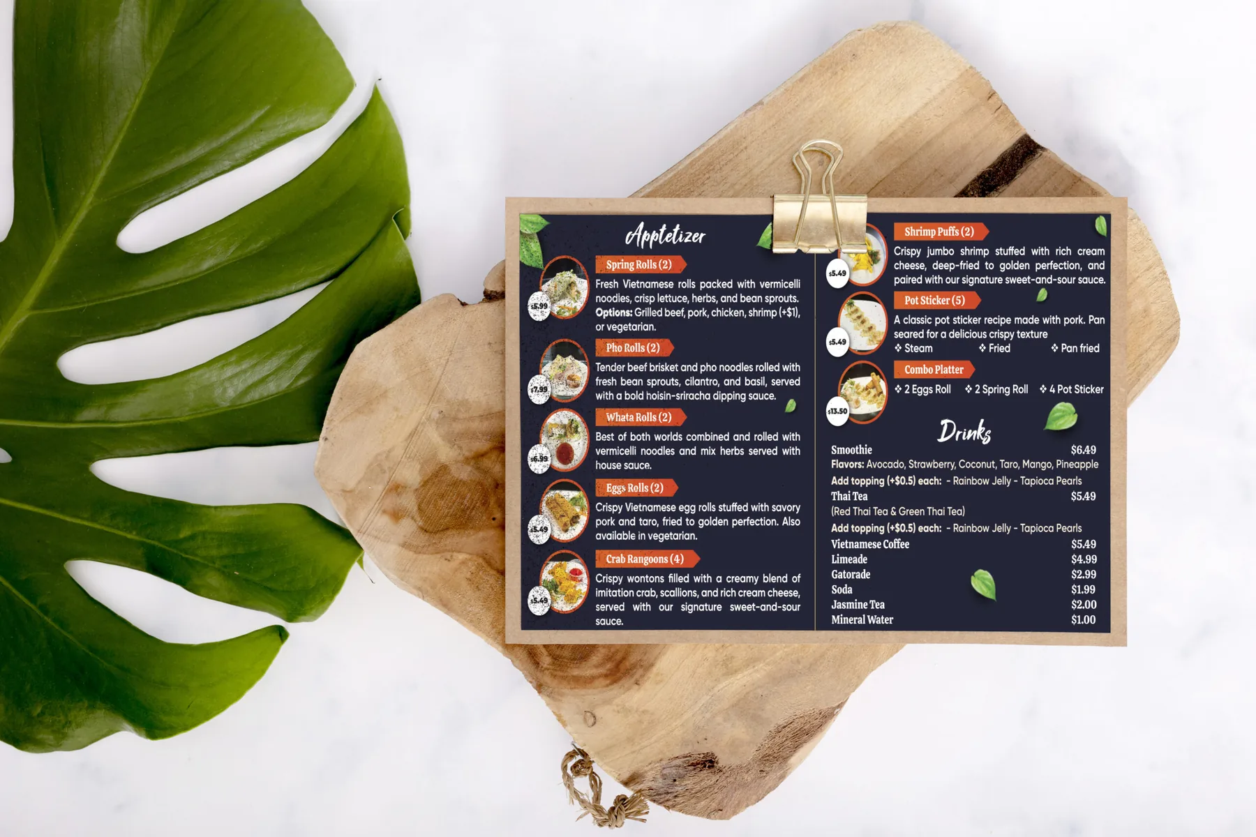 Plastic menu for Whata Pho restaurant