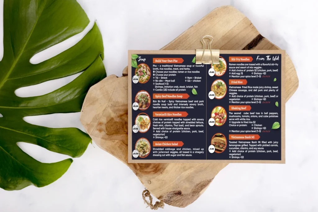 Back of the Whata Pho plastic menu