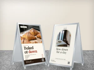 Two A-frame signs for a bakery and a spa