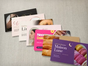 Business cards for nail salons, spas and restaurants fanned on linen: foil, real photos, script type