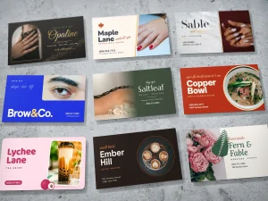 Nine business card designs for nail, lash, spa, restaurant, bakery and flower shops