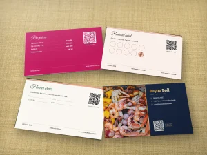 Backs of triple-layer cards: wholesale prices, reward card, flower order card and a dish photo
