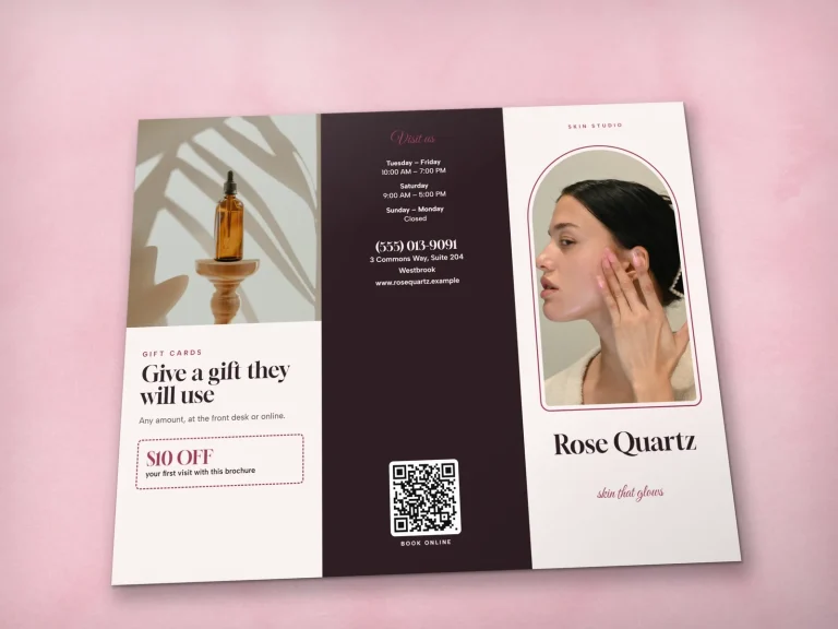 Brochure outside laid flat: gift card flap, contact panel and cover