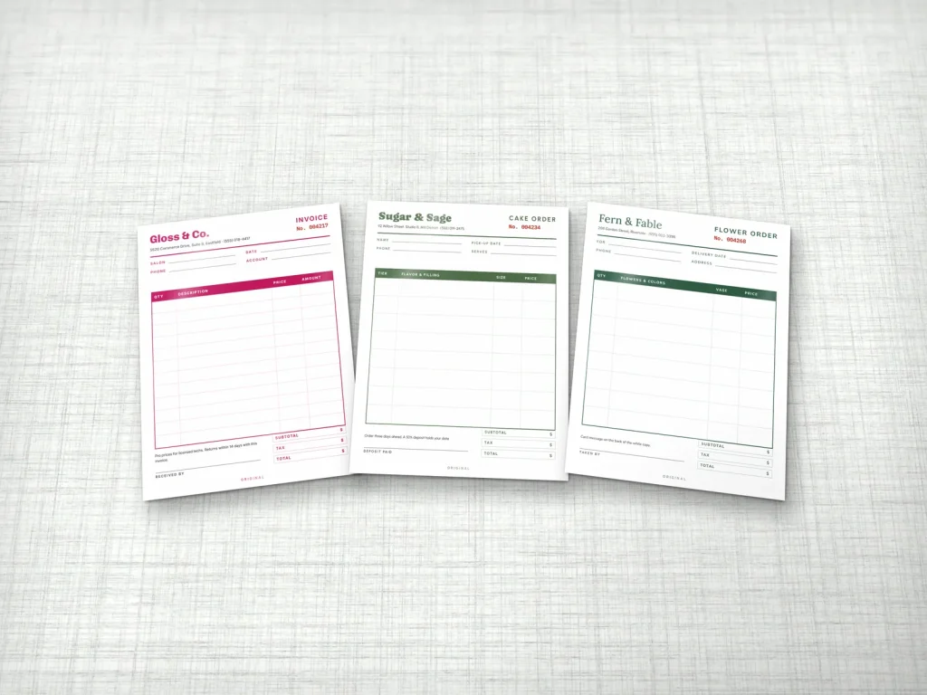 Two-part white and yellow carbonless forms for a nail supply, a bakery and a florist