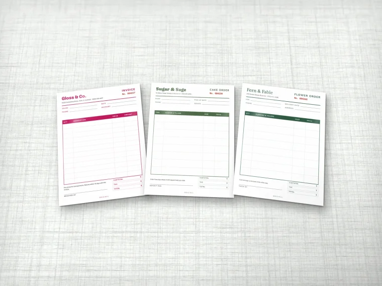 Two-part white and yellow carbonless forms for a nail supply, a bakery and a florist