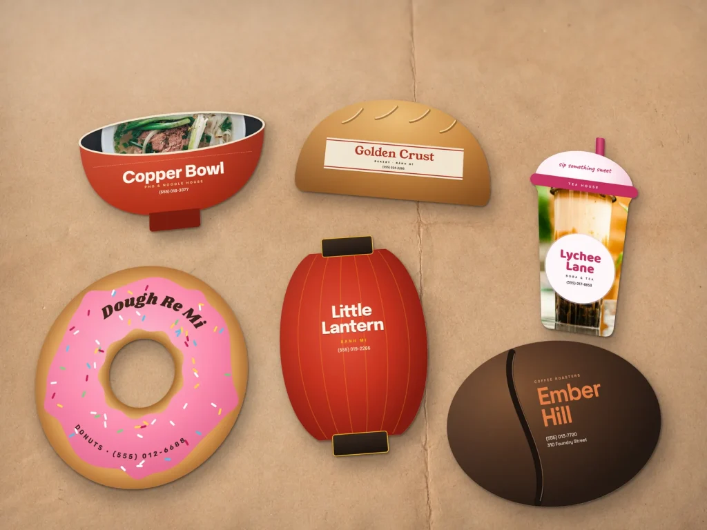 Die-cut cards in many shapes: noodle bowl, loaf, boba cup, donut, lantern and coffee bean