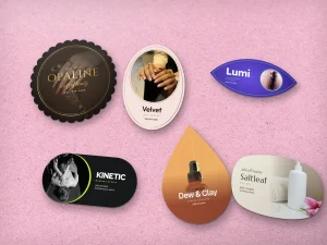 Die-cut cards for nail, lash and spa shops: rosette, oval, almond eye, pill and droplet