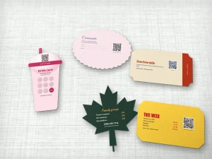 Backs of die-cut cards: stamp card, order-ahead card, free side offer and price list
