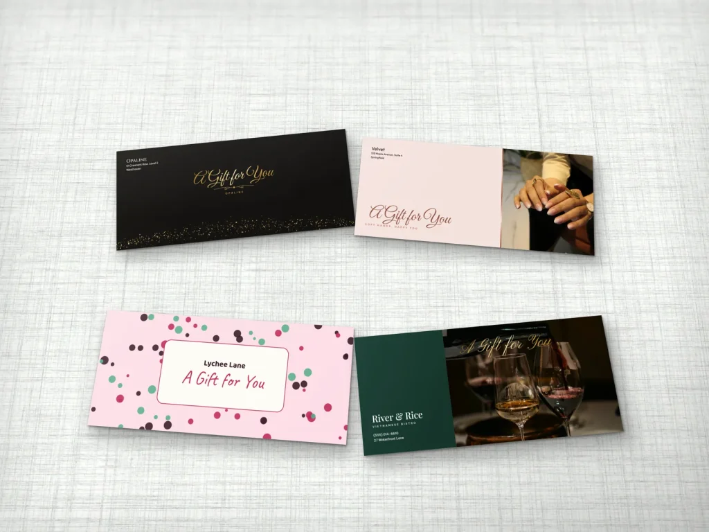Full-color envelopes: shop photos, glitter and dot patterns