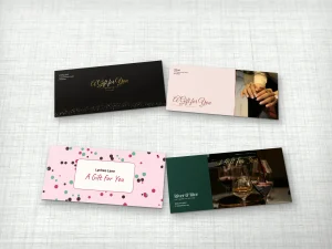 Full-color envelopes: shop photos, glitter and dot patterns