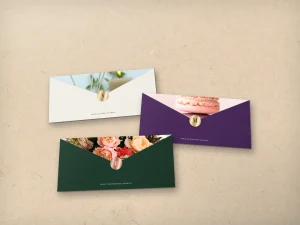 Full-color envelope backs: photo flap and a foil round seal