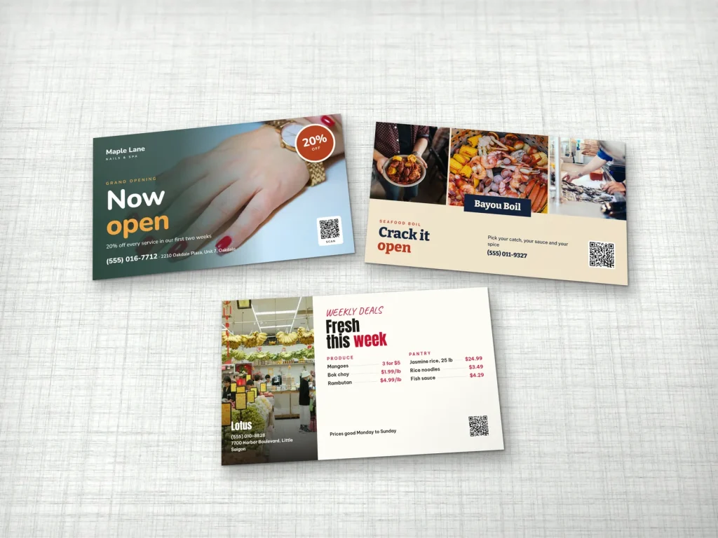 6.25 × 11 in EDDM mailers for a nail salon, a seafood restaurant and an Asian market