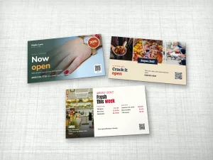 6.25 × 11 in EDDM mailers for a nail salon, a seafood restaurant and an Asian market