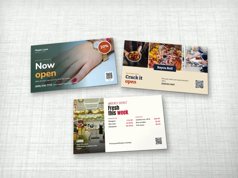 6.25 × 11 in EDDM mailers for a nail salon, a seafood restaurant and an Asian market
