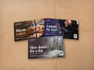EDDM mailers for a bakery, a lash studio and a spa stacked on kraft
