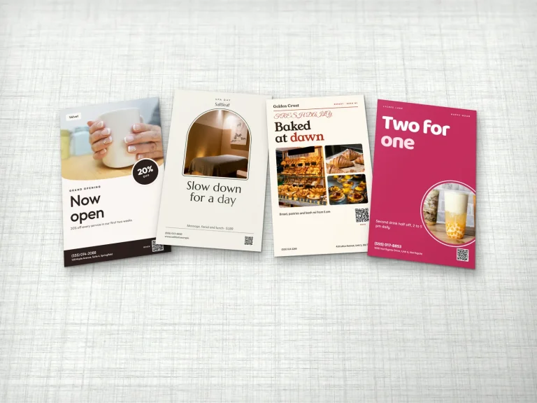 Economy flyers for nail salons, spas, restaurants and bakeries spread on a table