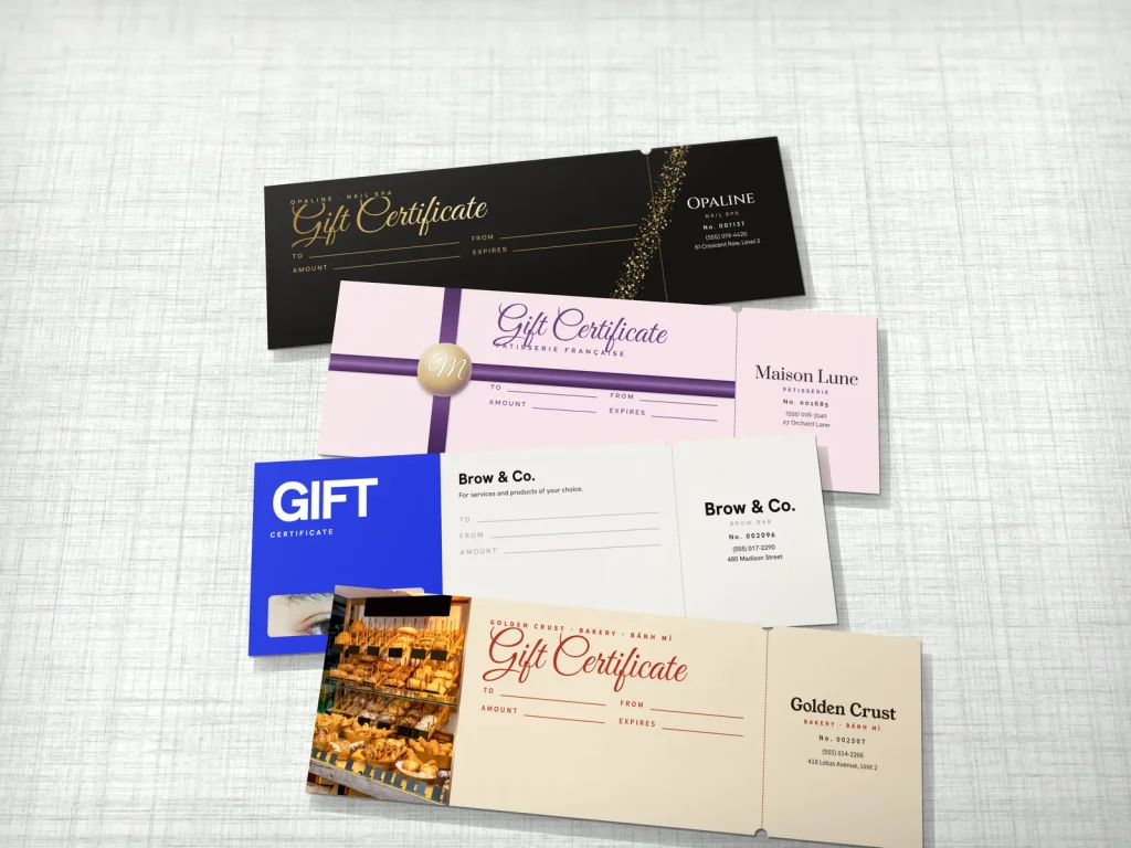 Gift certificate có cùi xé đánh số cho tiệm nail, spa, nhà hàng và tiệm bánh