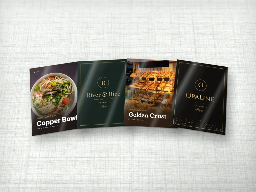 Bìa menu tráng gương cho nhà hàng phở, bistro, tiệm bánh và tiệm nail