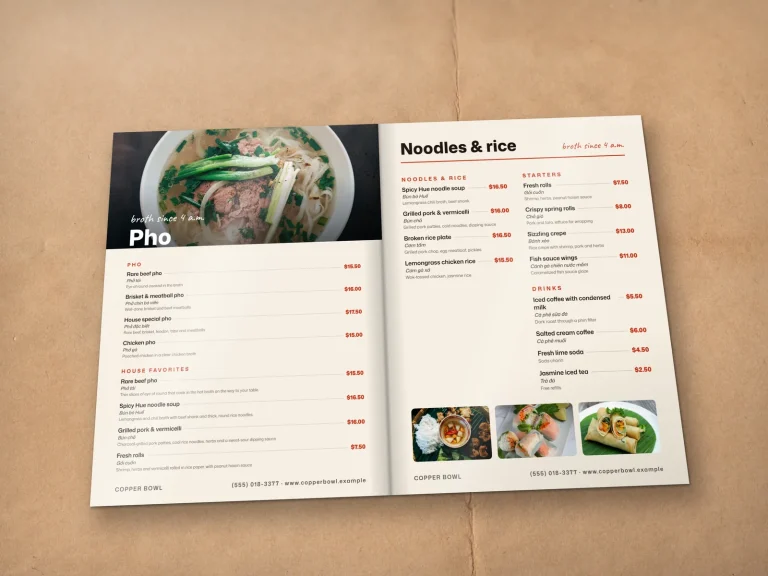 An open pho menu: a photo page and a two-column page with Vietnamese dish names