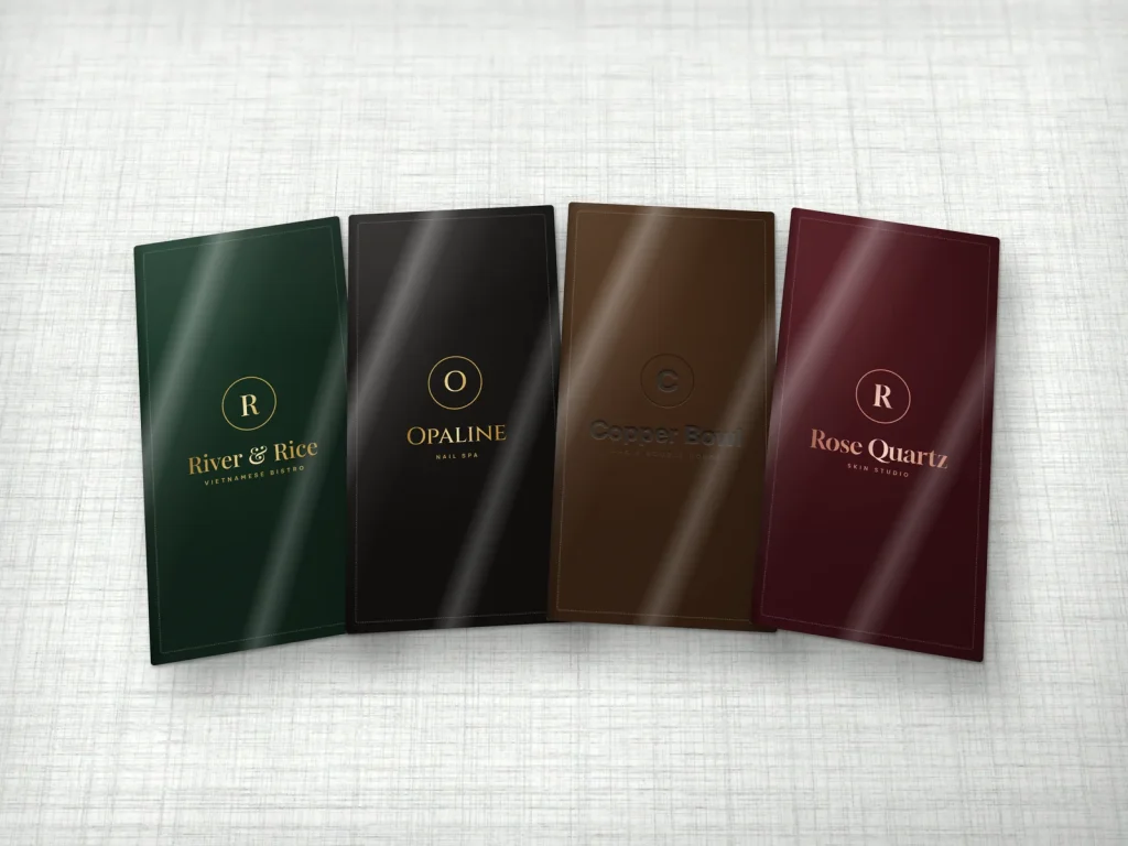 Leather menu covers with foil and deboss: forest green, black, brown and burgundy