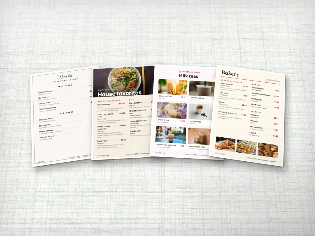 Bảng giá và menu ép plastic cho tiệm nail, quán phở, trà sữa và tiệm bánh