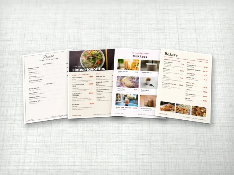 Laminated price lists and menus for a nail salon, a pho restaurant, a tea house and a bakery