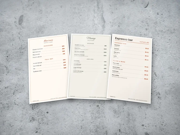Half-size laminated table price lists for nail, spa and coffee shops