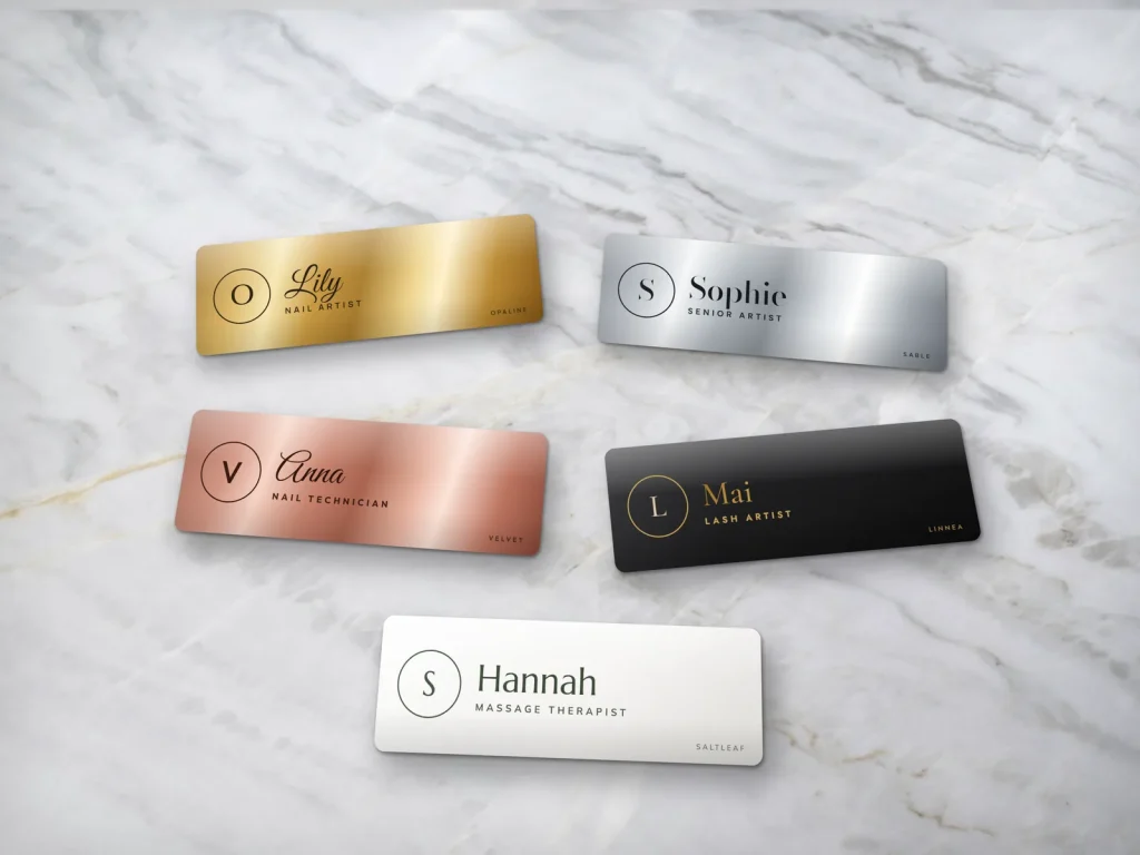 Name tag nền vàng, bạc, rose gold, đen và trắng cho tiệm nail, spa và nhà hàng