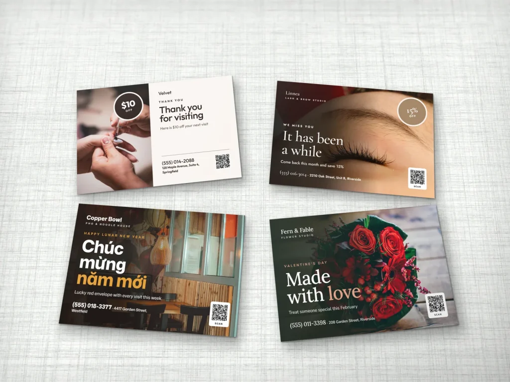 Thank-you, come-back and Lunar New Year postcards for nail, lash and restaurant shops