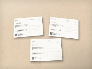 Postcard backs: message, discount code, address lines and stamp box