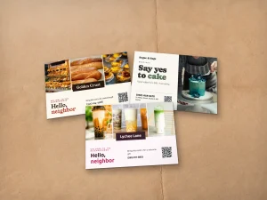 Bakery, flower shop and tea house postcards stacked