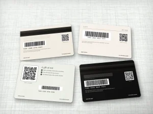 PVC card backs for the POS: magnetic stripe, Code 128 barcode, card number and QR code