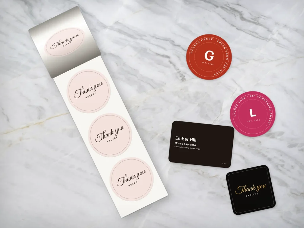 Cuộn sticker cảm ơn và các sticker tròn, vuông, nhãn chữ nhật cho tiệm