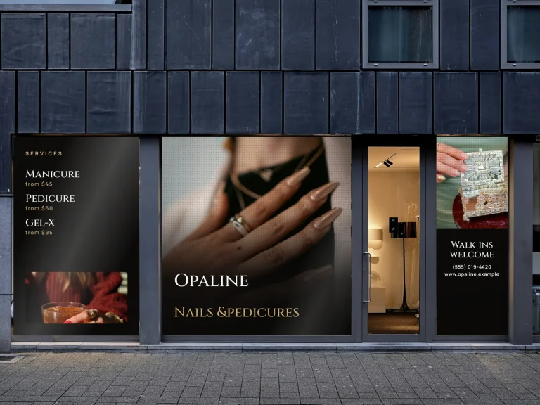 One-way window film on three panes of a nail salon