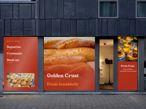 Bakery window film with a bread photo and prices