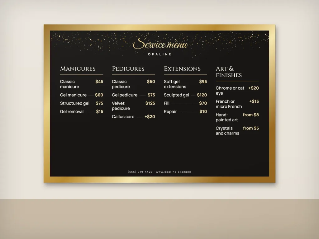 A nail salon wall menu in a gold frame